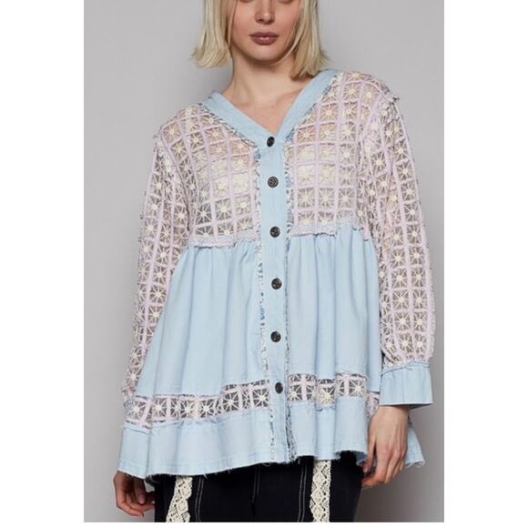 POL NEWBURY PORT DENIM TWILL & LACE ROOMY TOP - Picture 1 of 1
